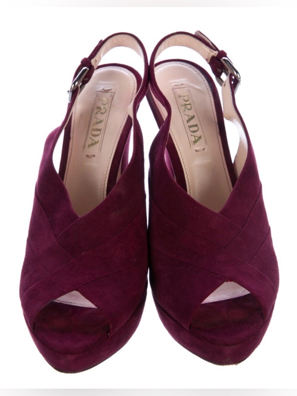Authentic Prada Burgundy Aubergine Suede Platform Slingback Sandals